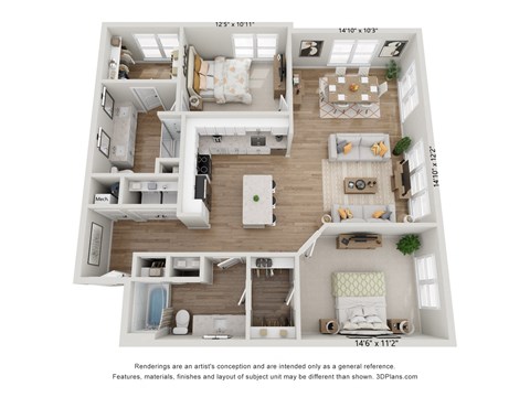 Floor plan for 2 beds, 2 baths, 1343 sqft